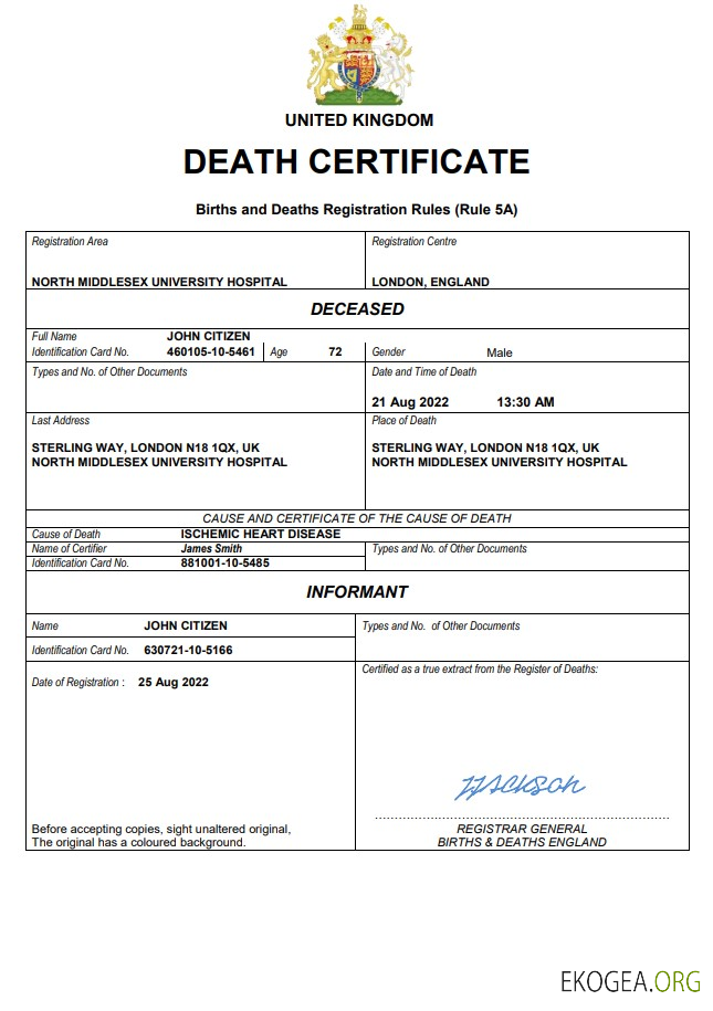 Modèle Word et PDF de certificat de décès d'état civil du Royaume Uni